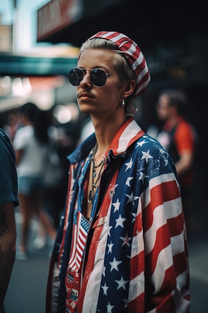 Un hombre con una chaqueta con la bandera estadounidense se para frente a un letrero que dice 'usa' en él