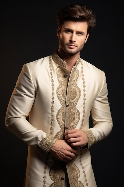 Foto un hombre con una chaqueta blanca y una camiseta dorada con un fondo negro