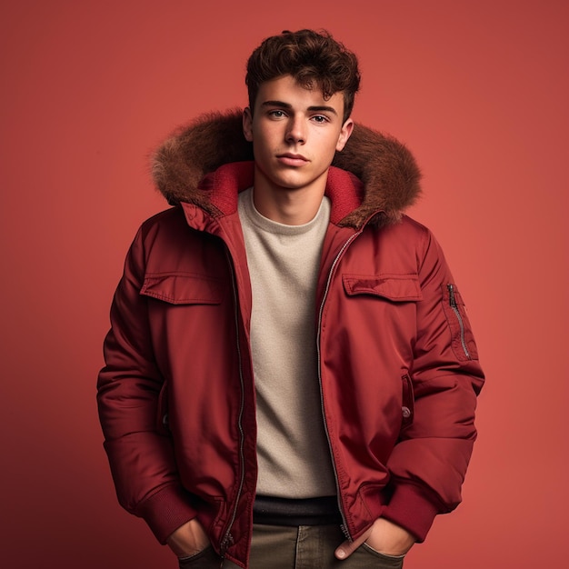 Un hombre con una chaqueta de bomber de invierno de alta calidad a la moda para la fotografía de moda