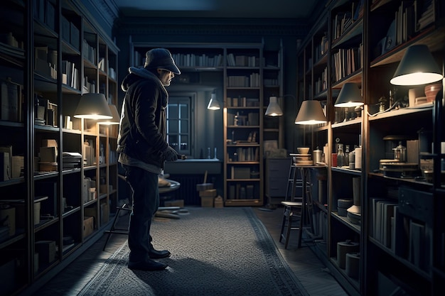 Un hombre con una chaqueta de cuero se para en una habitación oscura con una luz al pie de las escaleras.