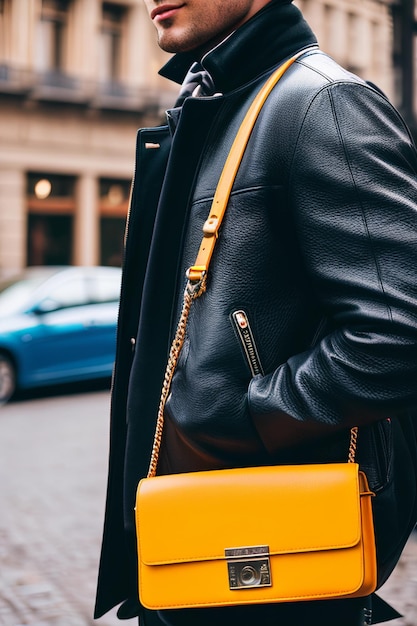 Un hombre con chaqueta de cuero sostiene un bolso amarillo de la marca vittoria.