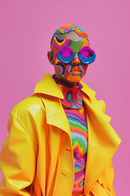 Foto un hombre con una chaqueta y gafas de colores del arco iris.