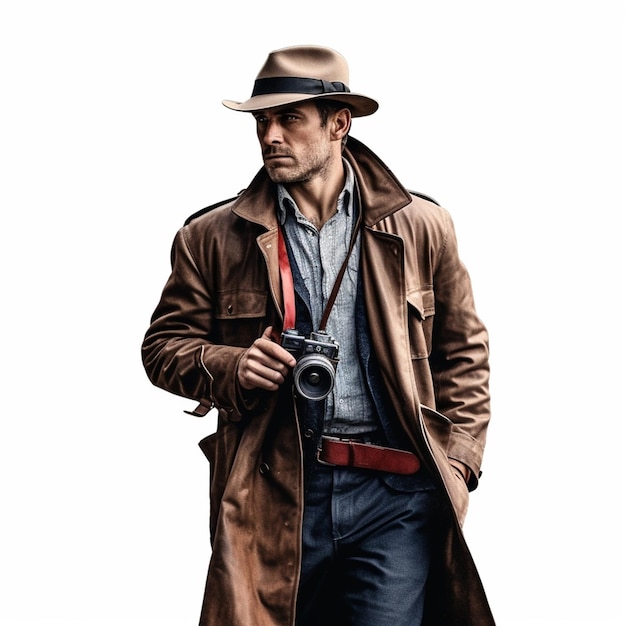 Un hombre con una chaqueta marrón y un sombrero con una cámara en la mano.