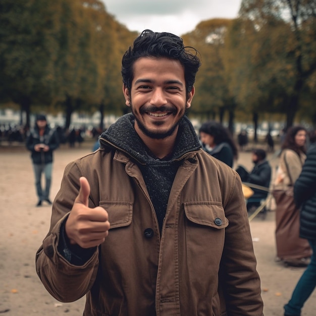 Un hombre con una chaqueta marrón sonríe y muestra su pulgar hacia arriba.