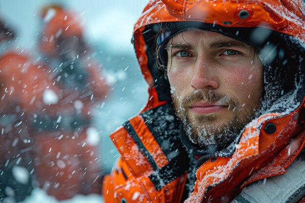 Hombre con chaqueta naranja caminando en la nieve