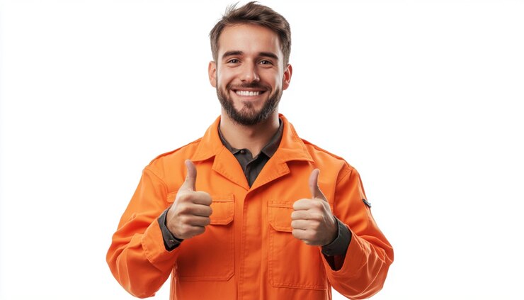 un hombre con una chaqueta naranja dando los pulgares hacia arriba