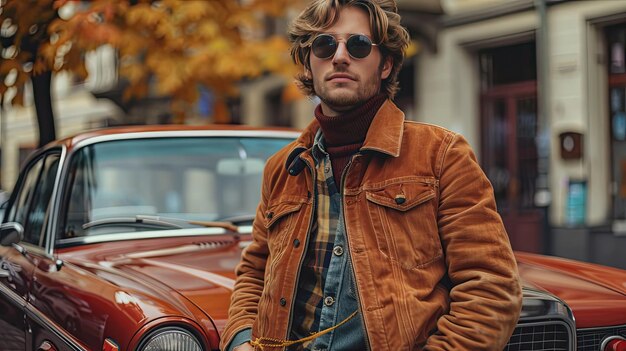 Un hombre con una chaqueta naranja delante de un coche premium naranja