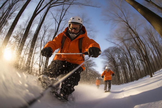 un hombre con una chaqueta naranja está esquiando por una pendiente cubierta de nieve