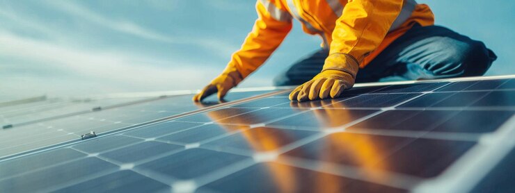 Un hombre con una chaqueta naranja está trabajando en una tecnología de energía sostenible de paneles solares
