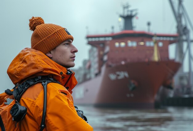 Foto hombre con chaqueta naranja mira hacia el gran barco