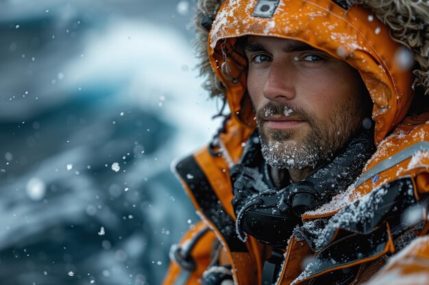 Hombre con chaqueta naranja de pie en la nieve