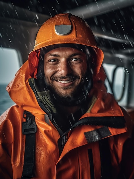 Un hombre con una chaqueta naranja sonríe bajo la lluvia.