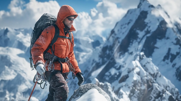 un hombre con una chaqueta naranja sube una montaña con una montaña en el fondo