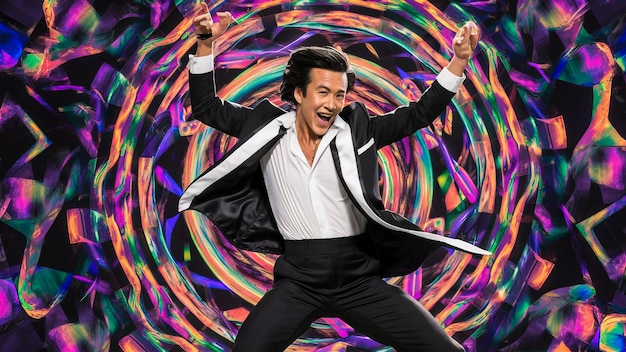 Foto un hombre con una chaqueta negra está bailando en un círculo con un fondo colorido