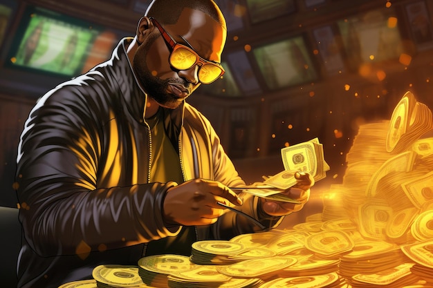 Hombre con chaqueta negra mirando una pila de monedas de oro