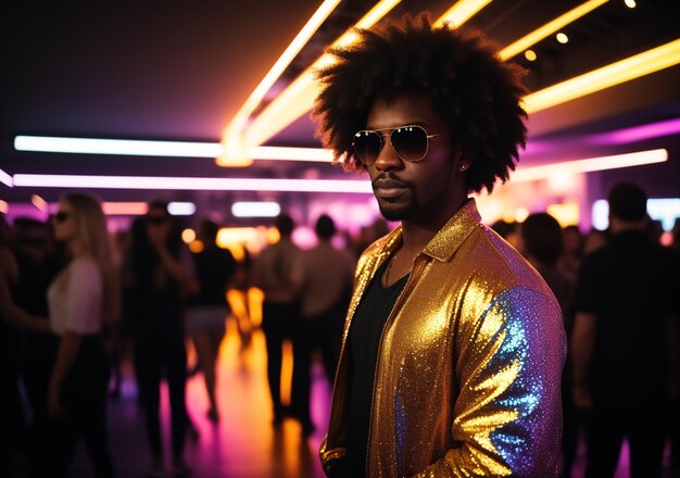 Foto un hombre con una chaqueta de oro y gafas de sol de pie en una habitación con personas de pie a su alrededor y un neón