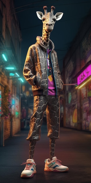 Un hombre con chaqueta y pantalones se para en una calle con un letrero de neón que dice 'jirafa'