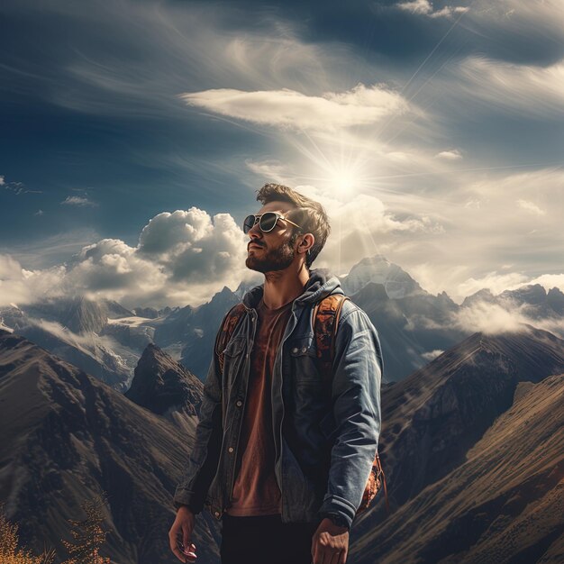 Foto un hombre con una chaqueta de pie frente a una montaña con montañas en el fondo