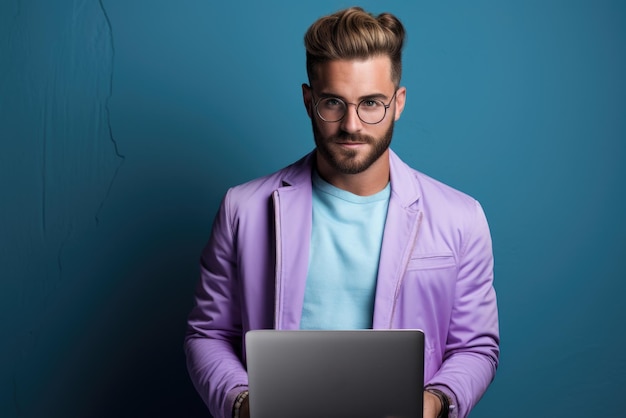 Hombre con chaqueta púrpura sosteniendo una computadora portátil adecuado para negocios de tecnología y conceptos relacionados con el trabajo