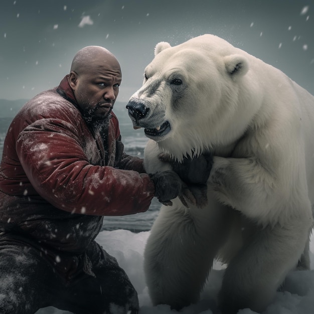 Foto un hombre con una chaqueta roja está acariciando a un oso polar