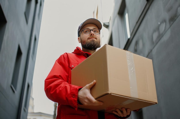 Hombre de chaqueta roja con caja de transporte