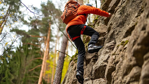 Un hombre con una chaqueta roja está escalando una roca que lleva un casco y un arnés de seguridad la roca es muy empinada y desafiante