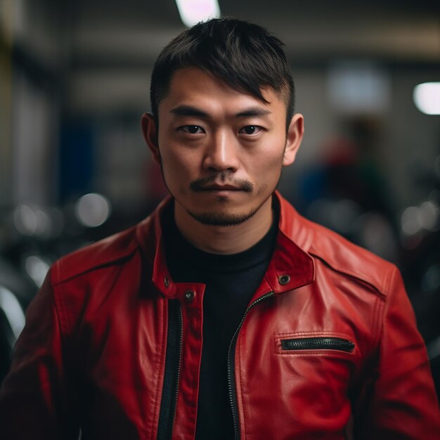 Un hombre con una chaqueta roja se para frente a unas motocicletas.