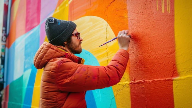 Un hombre con una chaqueta roja y una gorra negra está pintando un mural en una pared de hormigón. El mural está hecho de colores brillantes y formas geométricas.