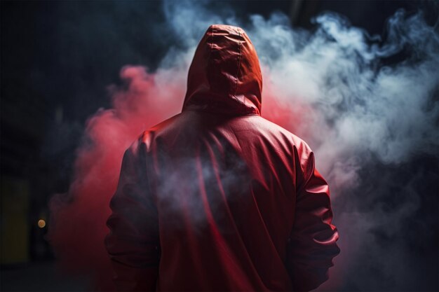 Un hombre con una chaqueta roja se para en una nube de humo.