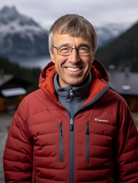 Foto un hombre con una chaqueta roja con la palabra lager en ella