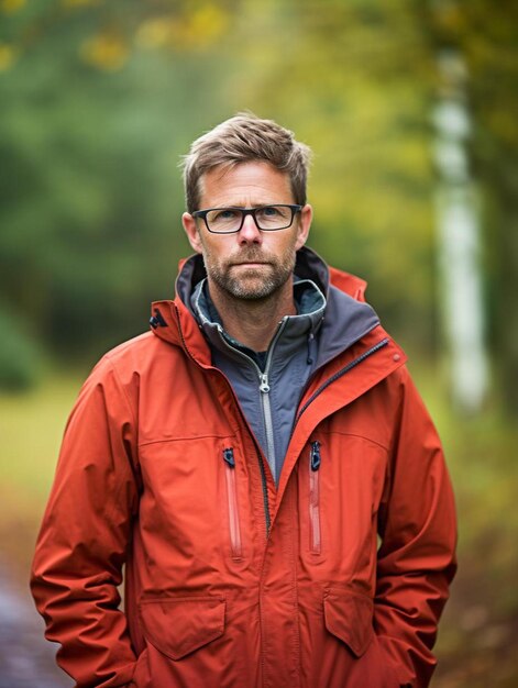 Foto un hombre con una chaqueta roja está de pie en el bosque