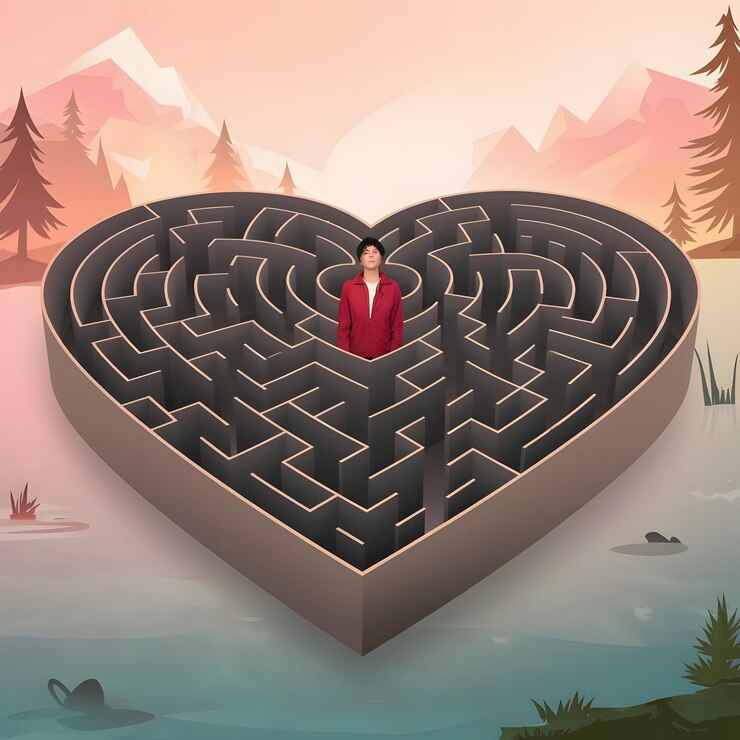 un hombre con una chaqueta roja de pie frente a un laberinto en forma de corazón