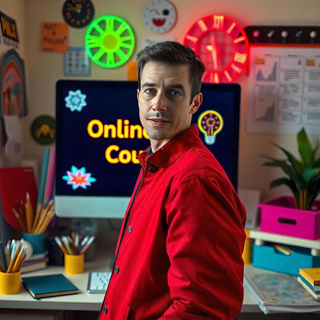 Un hombre con una chaqueta roja de pie frente a una pantalla de computadora con un título de curso en línea alrededor