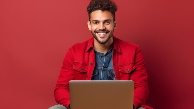 Un hombre con una chaqueta roja se sienta sobre un fondo rojo con una laptop.