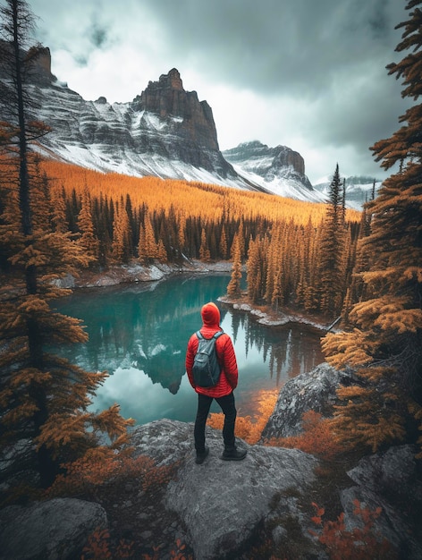 Un hombre con una chaqueta roja se para sobre una roca con vista a un lago de montaña.