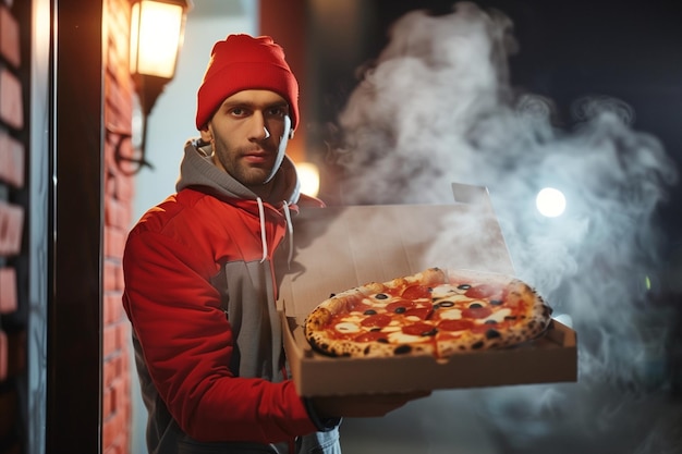 Un hombre con una chaqueta roja sosteniendo una caja de pizza con humo saliendo de ella