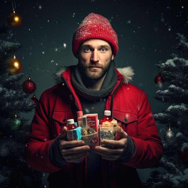 Foto un hombre con una chaqueta roja sostiene una botella de regalo de navidad