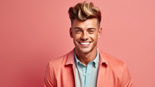 Un hombre con una chaqueta rosa y una camisa azul.