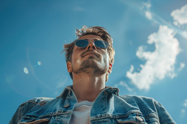 Foto hombre con chaqueta de vaqueros contra el cielo azul claro