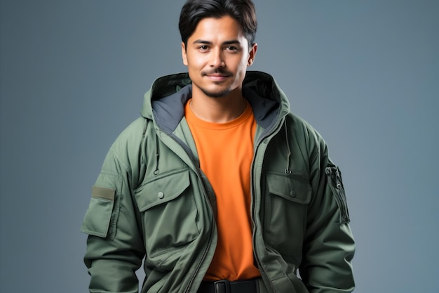 Hombre con chaqueta verde y camisa naranja posando para una foto IA generativa