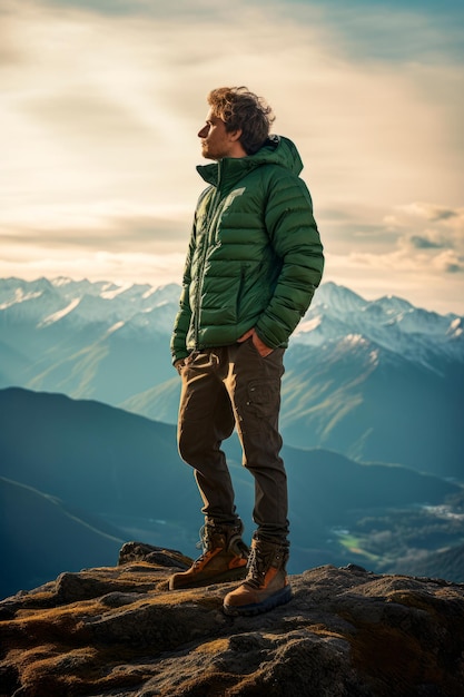 Hombre con chaqueta verde en la cima de la montaña Creado con tecnología de IA generativa