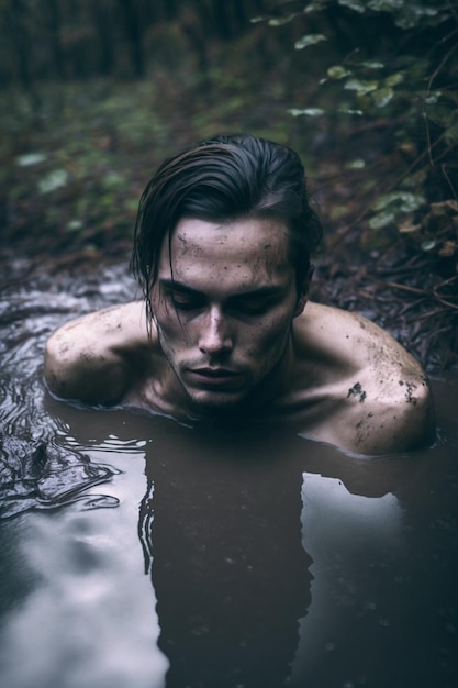 Un hombre en un charco de barro con la palabra "en el frente"