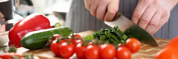 Hombre chef cortando vegetación en tablero de madera agrega vegetales maduros a la ensalada