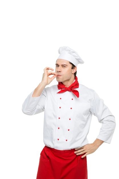 Hombre chef profesional sobre un fondo blanco.