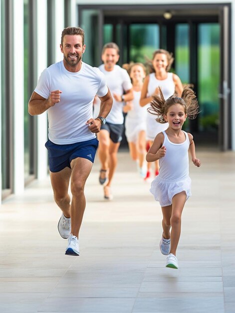 Foto un hombre y una chica corriendo con el número 1 en su camisa