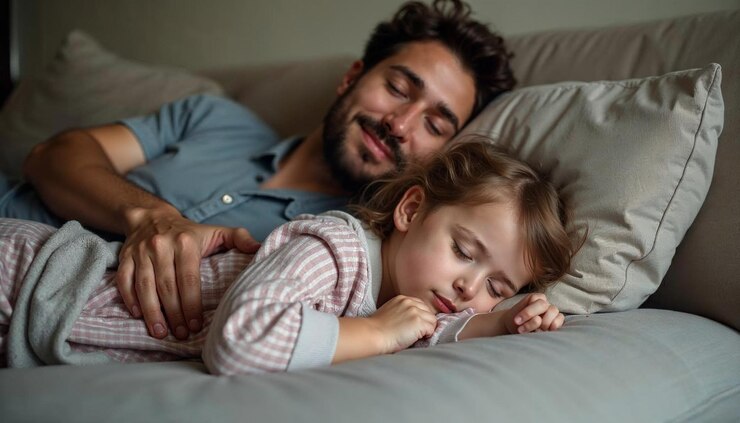 un hombre y una chica durmiendo en un sofá con una camisa que dice la palabra cita en el frente