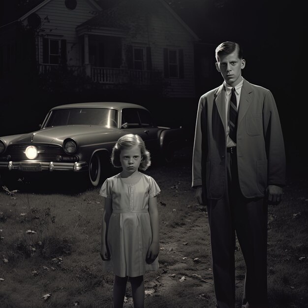 Foto un hombre y una chica están de pie frente a un coche