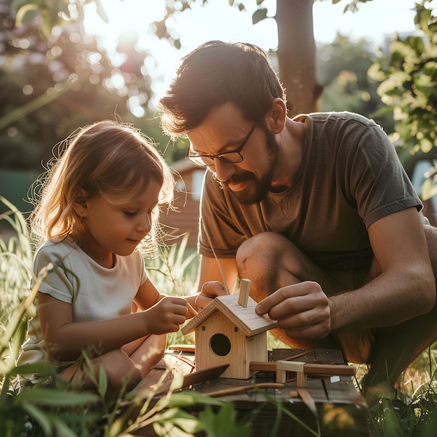 Foto un hombre y una chica jugando con una casa hecha por un padre