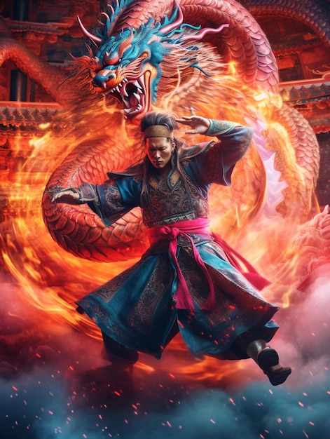 Un hombre chino con un dragón en la cabeza.