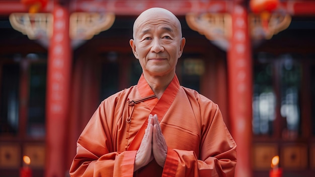 Un hombre chino está vestido con ropa tradicional china en el templo con la cabeza afeitada